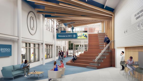 The redesigned National Grid Grand Atrium inside the main entrance to the Whitney Applied Technology Center.